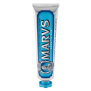 Dentifrício branqueador de menta da marca Marvis, cuidados bucais com tubo roxo e embalagem elegante.