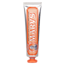 Dentifrice brancchissant à la menthe Marvis, soin buccal, tube mauve avec texture blanche visible, idéal para higiene oral.