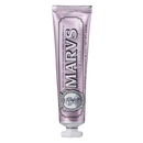 Dentifício branqueador de menta da marca Marvis, cuidado bucal com tubo roxo e fórmula para dentes mais brancos.