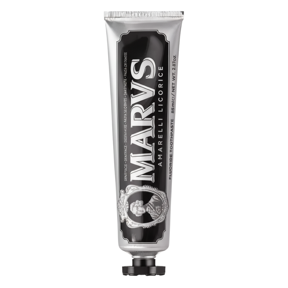 Dentifrício branchedor de dentes com sabor de menta da marca Marvis, embalagem roxa para cuidados bucais.