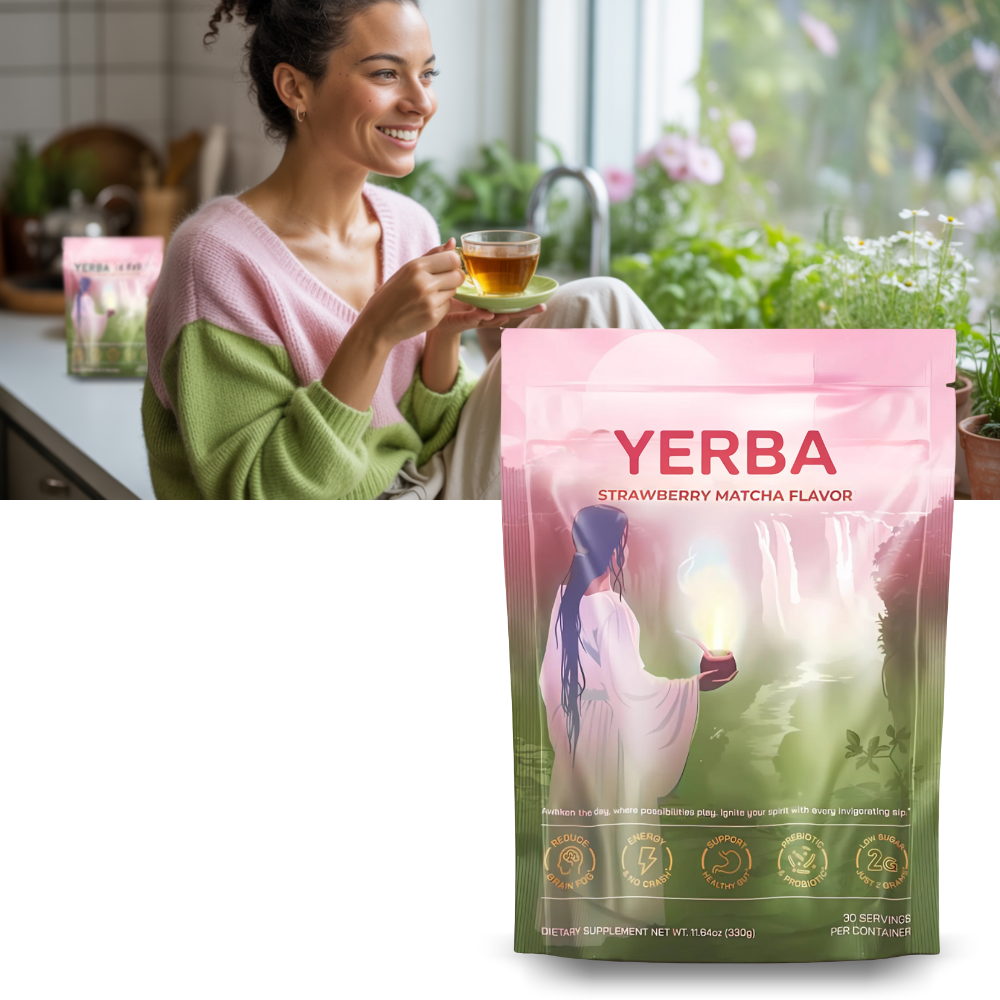 Pó de matcha e mate KimiNo, em embalagem com chá e infusões, pronto para preparo de bebidas energéticas e saudáveis.