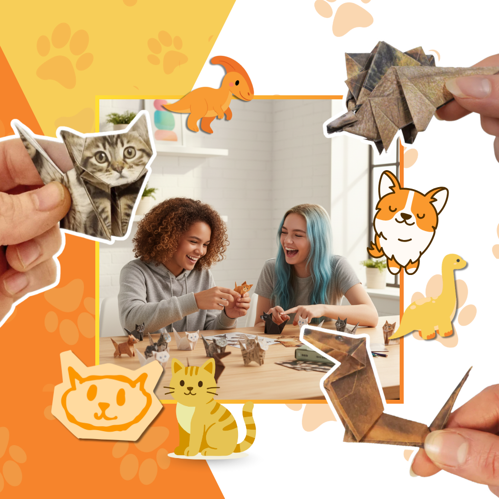 Papier origami 3D de animais, brinquedo de loisirs criativos da Maxcozy, com dinossauro feito de papel dobrado e detalhes coloridos