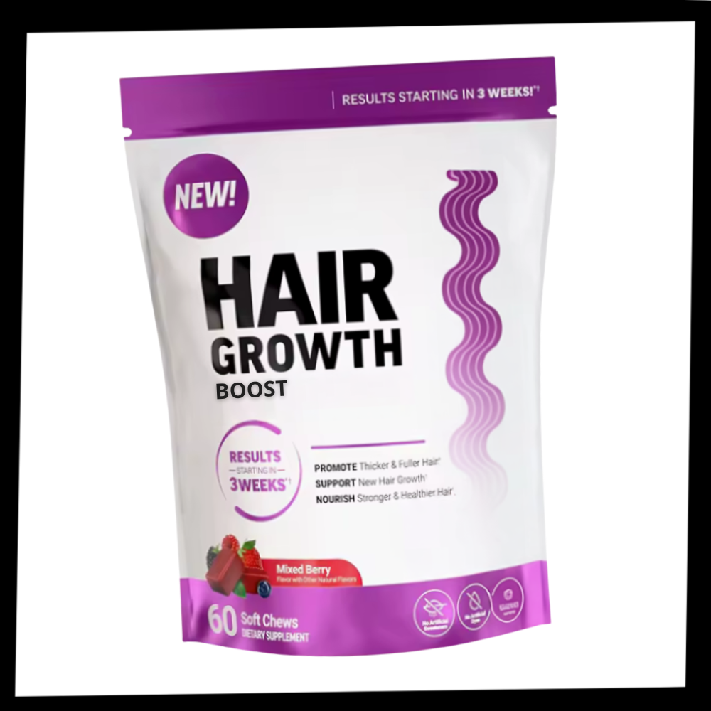 Gummies frutados enriquecidos com biotina da Mayruth Organics para fortalecimento capilar, produtos de fitness e nutrição.