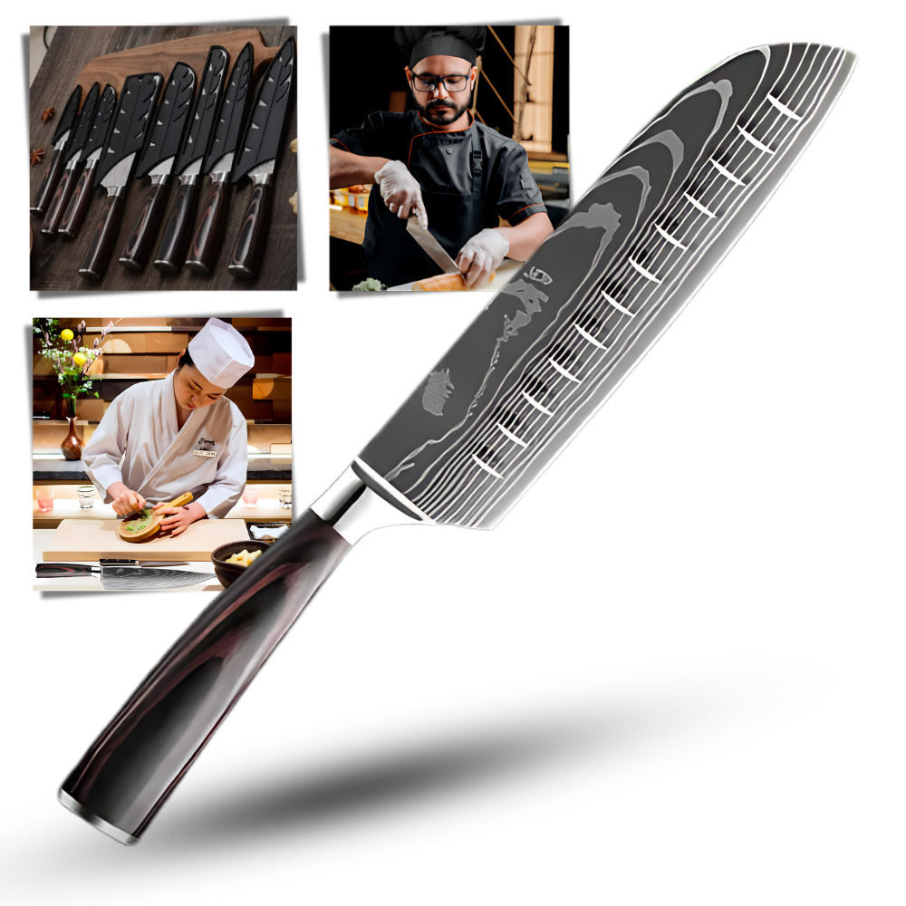 Couteau japonais santoku de 12 cm en bois de Pakka, ustensile de cuisine Mdhand, avec lame tranchante et manche en bois.