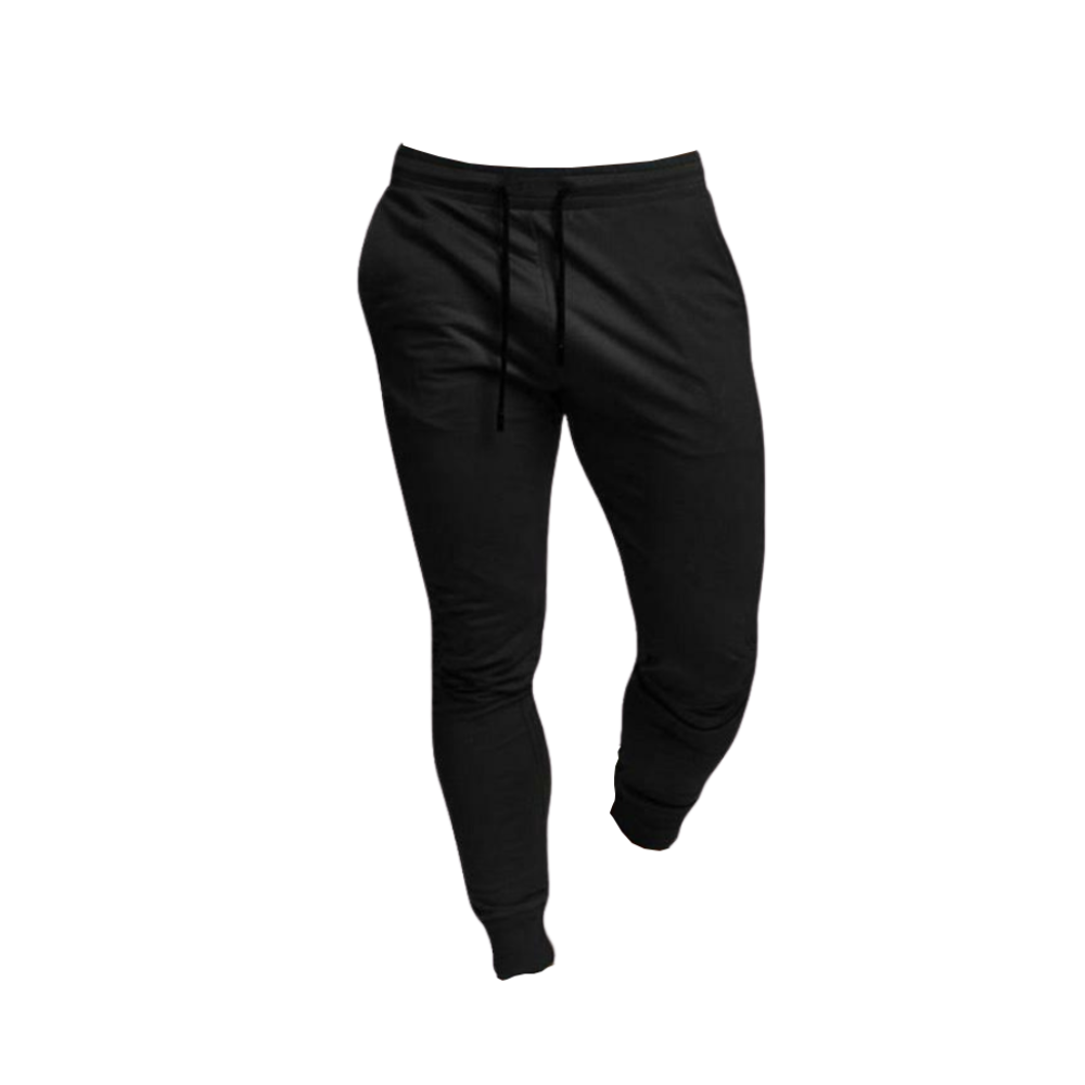 Calça de fitness masculina da marca Mens Sweatpants, pantalona preta para exercícios e atividades esportivas.