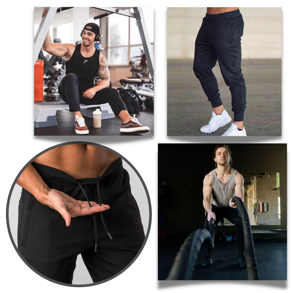 Calças de fitness masculinas da Mens Sweatpants, ajustáveis e confortáveis para exercícios e atividades esportivas.