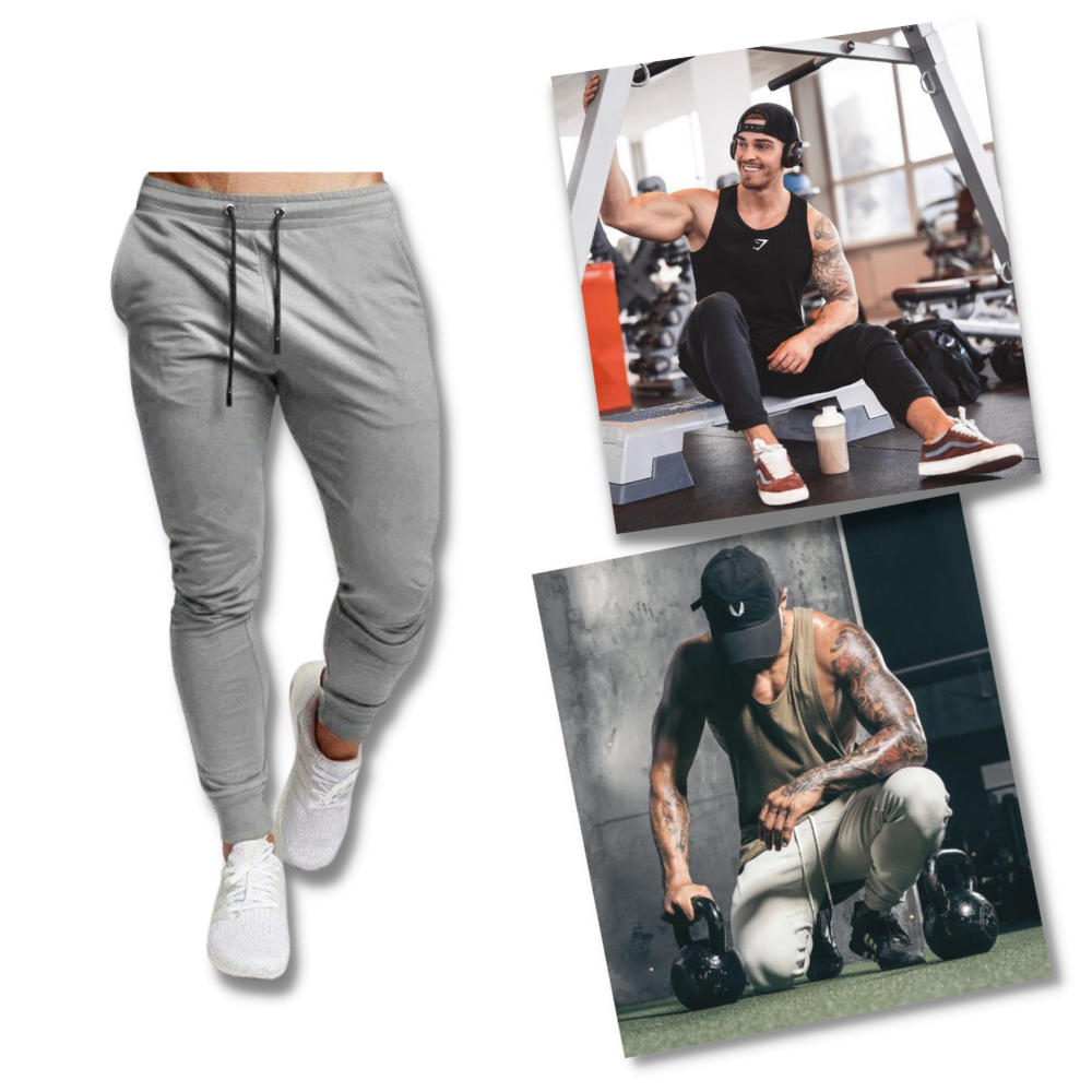 Calças de fitness masculinas da Mens Sweatpants, com detalhes de tecido esportivo e ajuste confortável para treino.