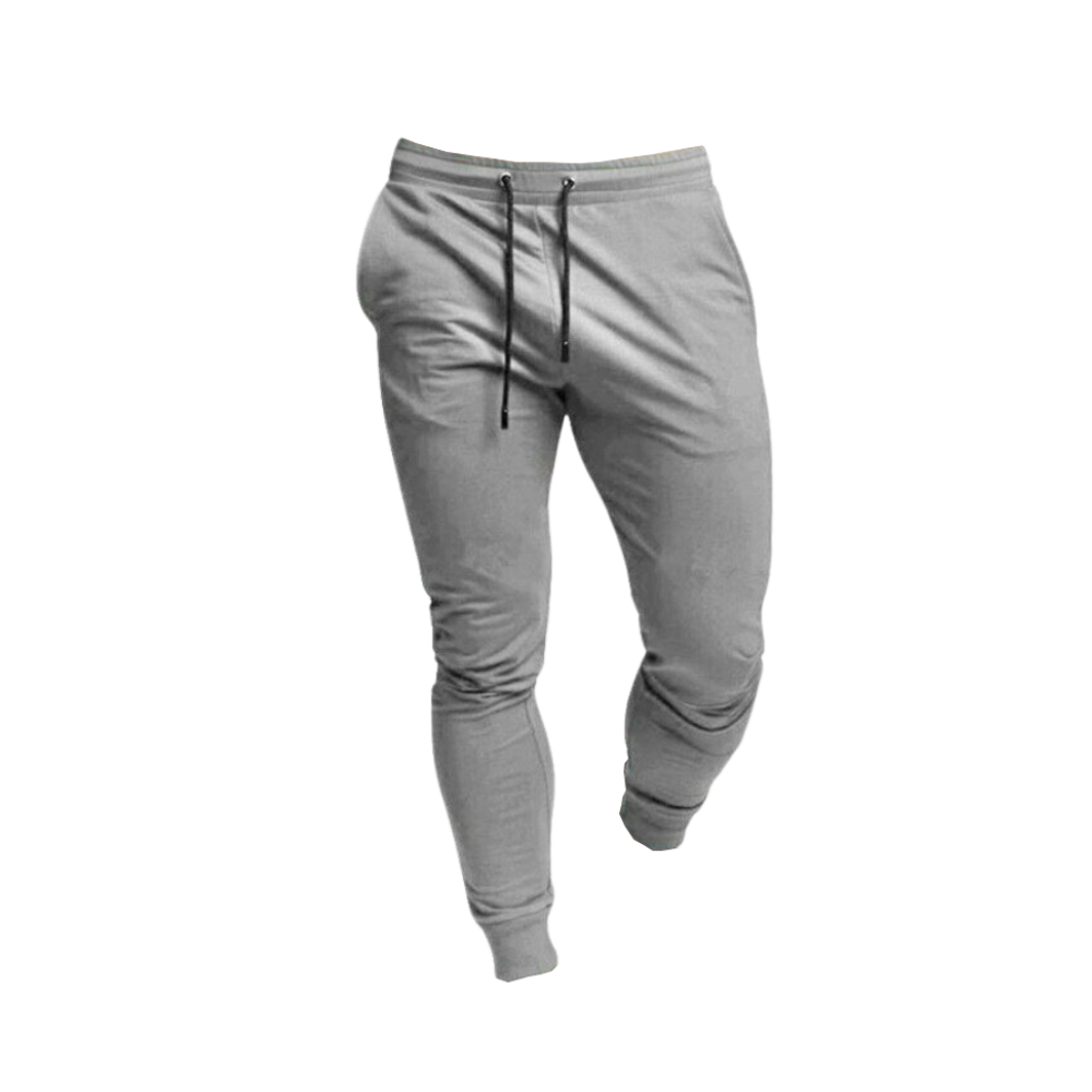 Calças de fitness masculinas Mens Sweatpants em cinza claro, roupas esportivas confortáveis para treinos e atividades físicas.