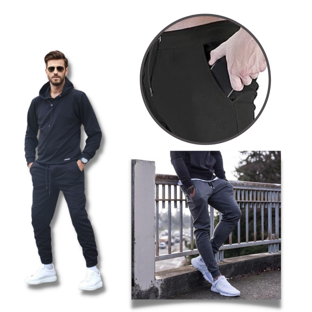 Calças de fitness masculinas da Mens Sweatpants com bolsos elegantes, tecido confortável para exercícios e uso casual.