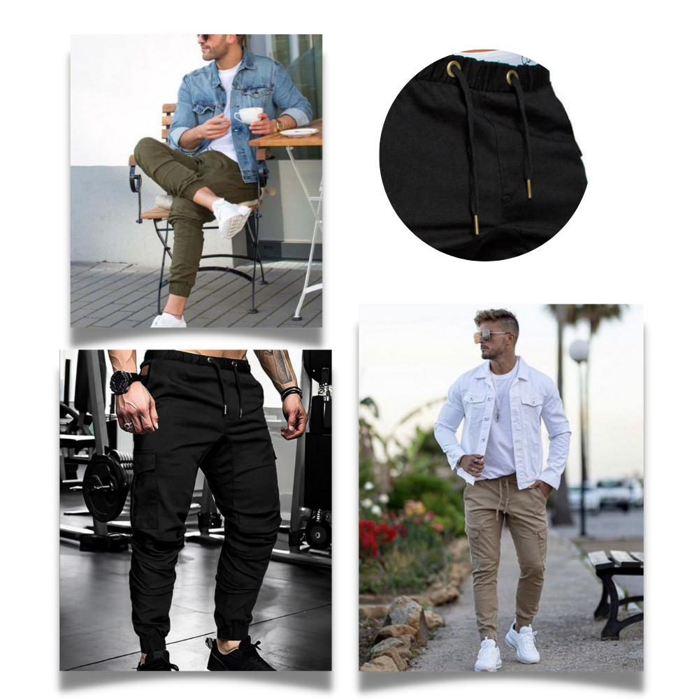 Calças cargo slim para homens da marca AfdoEnt, com ajuste na cintura e design moderno, visíveis na imagem.