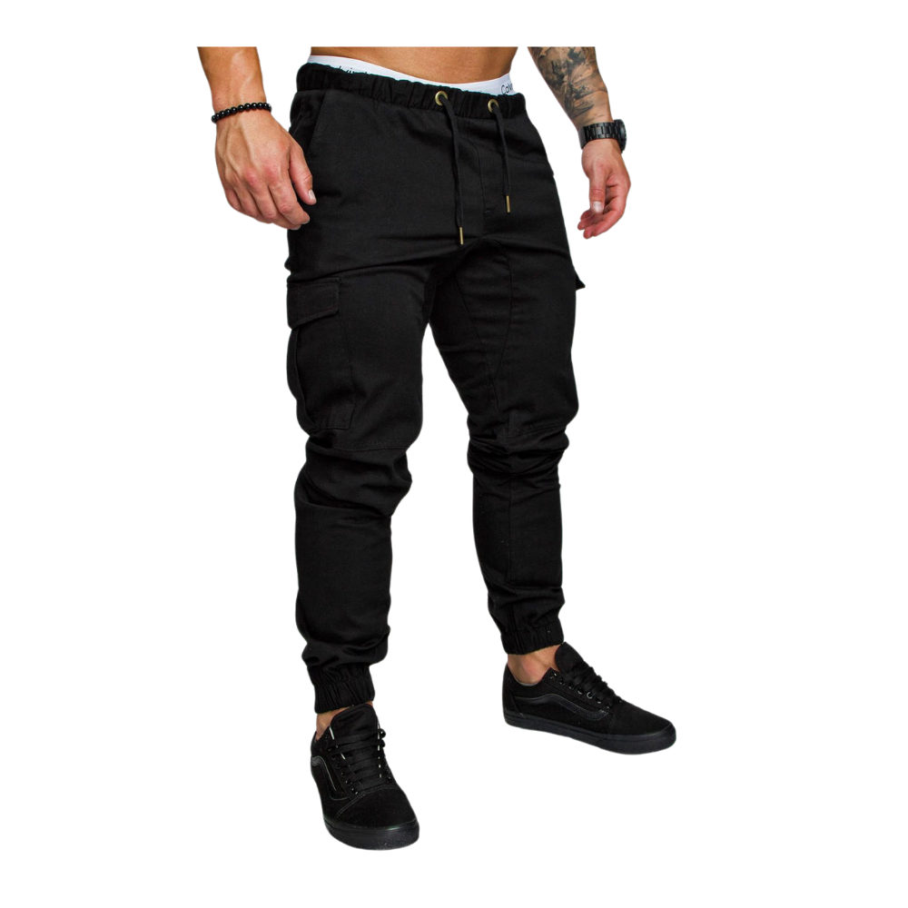 Calças cargo slim para homens da marca AfdoEnt, modelo preto, com ajuste moderno e detalhes funcionais.