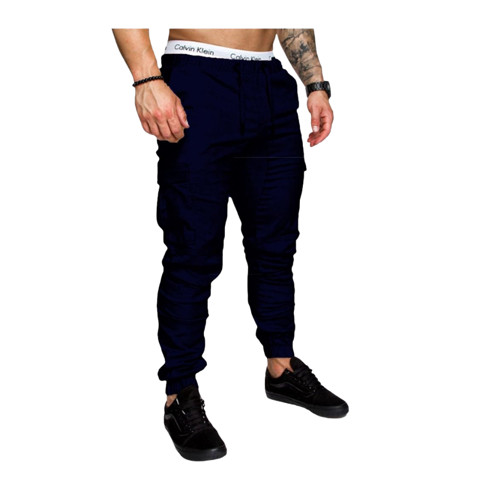 Calças cargo slim para homens da marca AfdoEnt, em azul escuro, com ajuste confortável e bolsos laterais.
