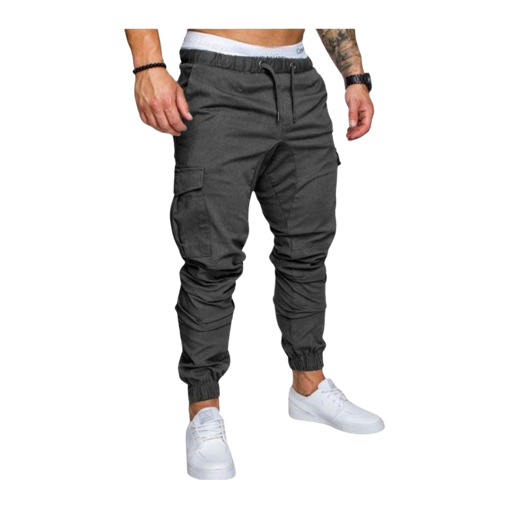 Calça cargo slim para homens da AfdoEnt, em cinza escuro, com ajuste ajustado e detalhes funcionais, vista frontal.