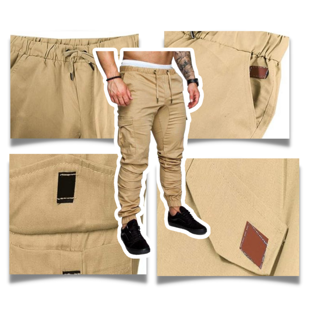 Calças cargo slim para homens da marca AfdoEnt, estilo ajustado com bolsos laterais, tecido confortável e moderno.