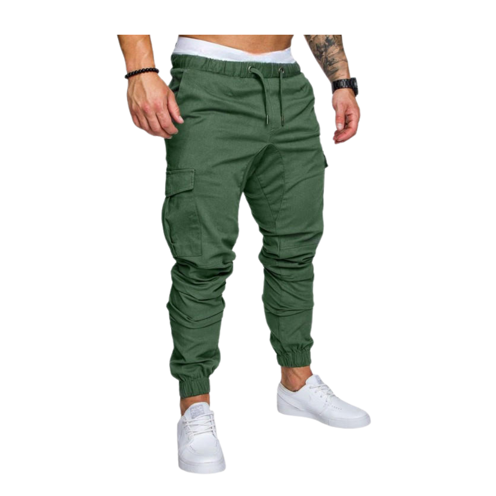 Calça cargo slim para homens, modelo verde da marca AfdoEnt, com ajuste ajustado e bolsos laterais.