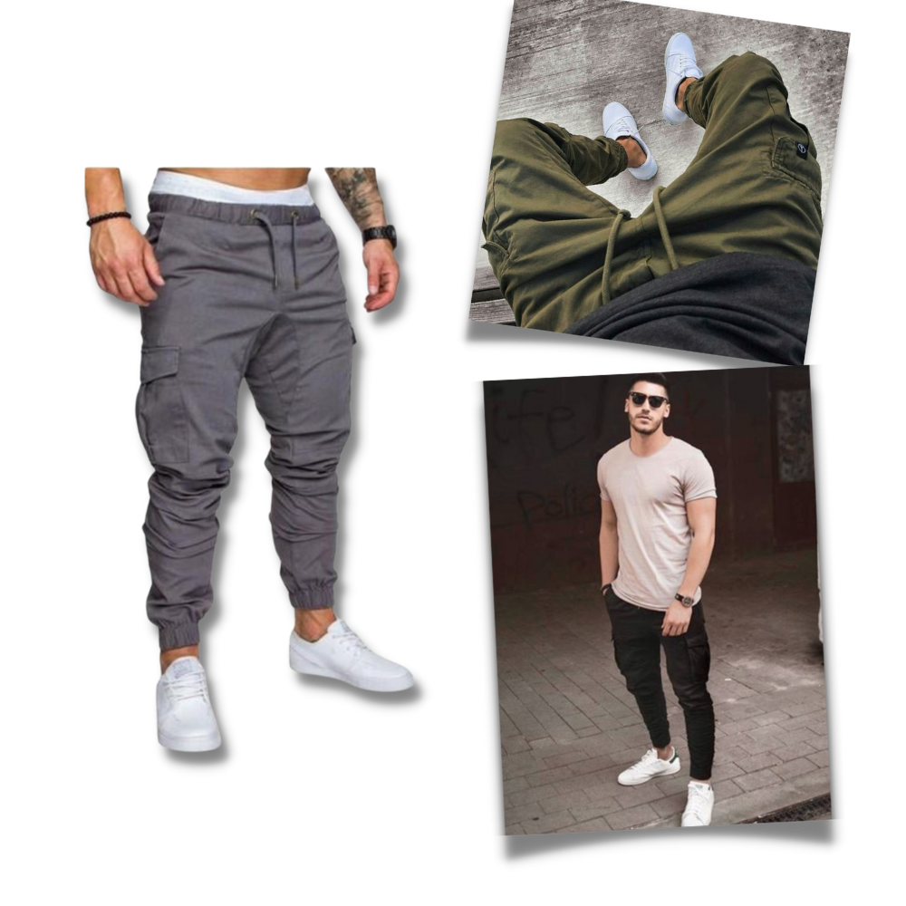 Calças cargo slim para homens da marca AfdoEnt, estilo ajustado, com bolsos laterais e detalhes modernos.