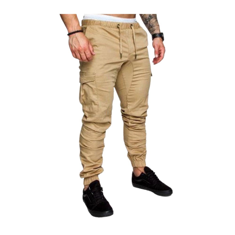 Calças cargo slim para homens da marca AfdoEnt, em tecido cáqui, com corte ajustado e detalhes funcionais.