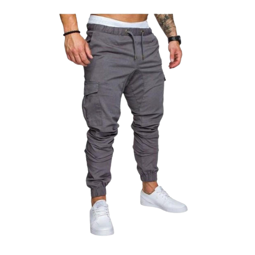 Calça cargo slim para homens da marca AfdoEnt, modelo cinza claro, com detalhes de bolsos e ajuste confortável.