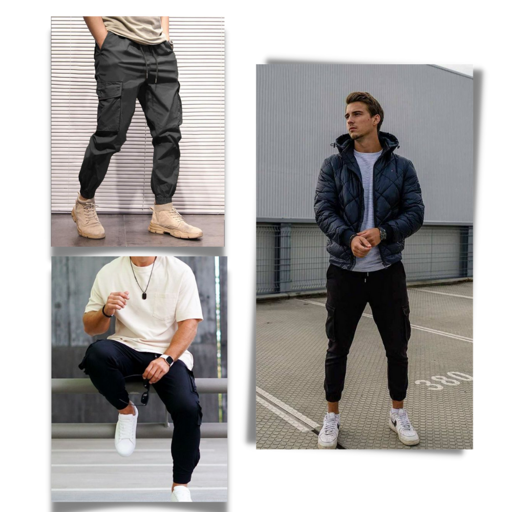 Calça cargo slim para homens da marca AfdoEnt, modelo ajustado e confortável, com bolsos laterais e design moderno.