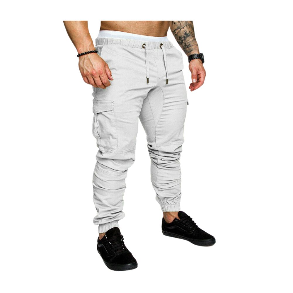 Calça cargo slim para homens da marca AfdoEnt, modelo branco, com ajuste moderno e detalhes funcionais.