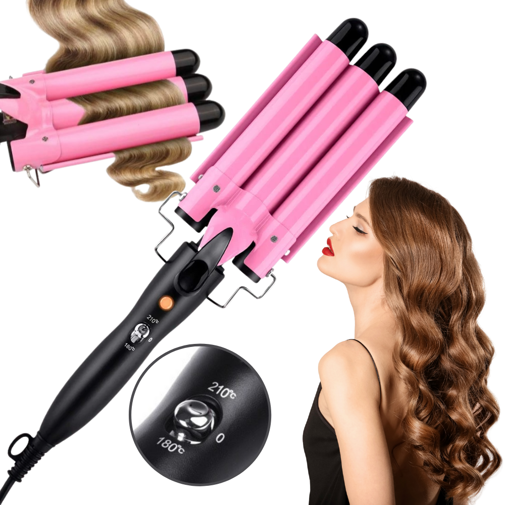 Fer à boucler Merzam en céramique avec triple barillet rose, outil de soin des cheveux pour boucles parfaites.