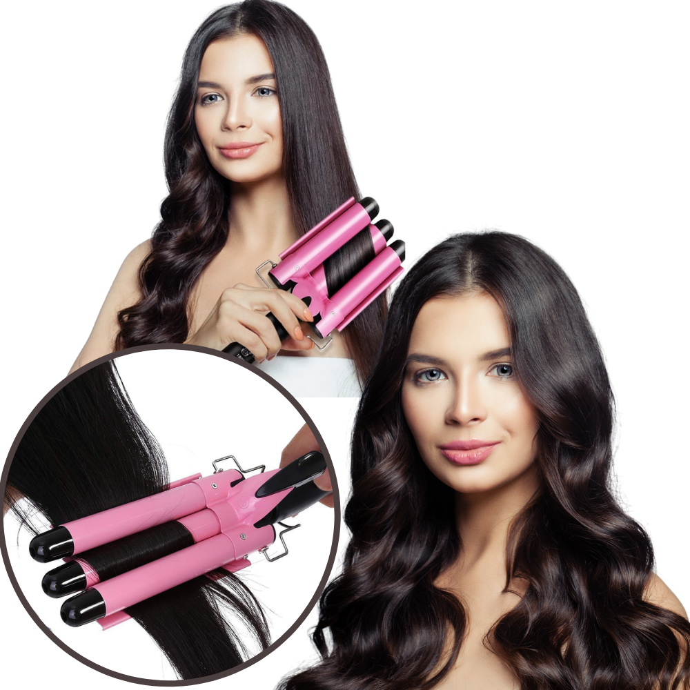 Fer à boucler Merzam, fer de soin des cheveux en céramique à triple barillet rose de 20 mm, pour des boucles définies.