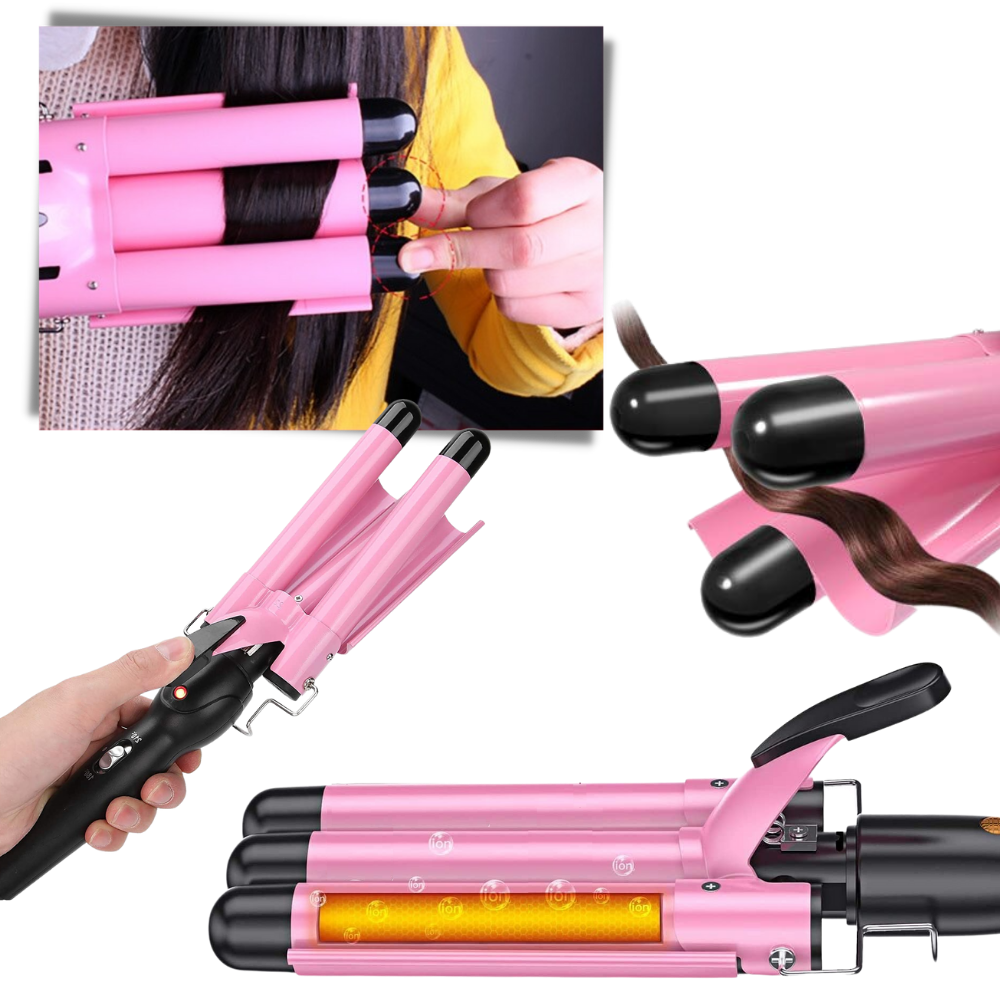 Fer à boucler Merzam en céramique avec triple barillet rose, outil de soin des cheveux pour boucles définies.