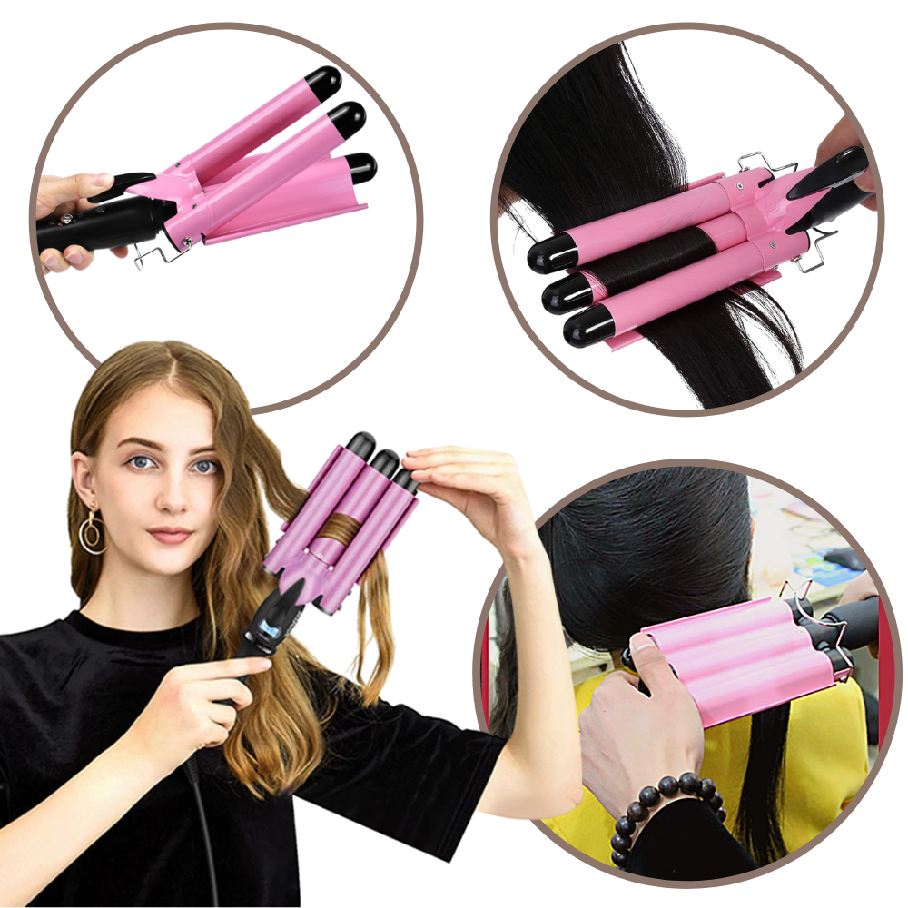 Fer à boucler Merzam, fer de soin pour cheveux avec triple barillet en céramique rose, 20 mm, pour boucles volumineuses.