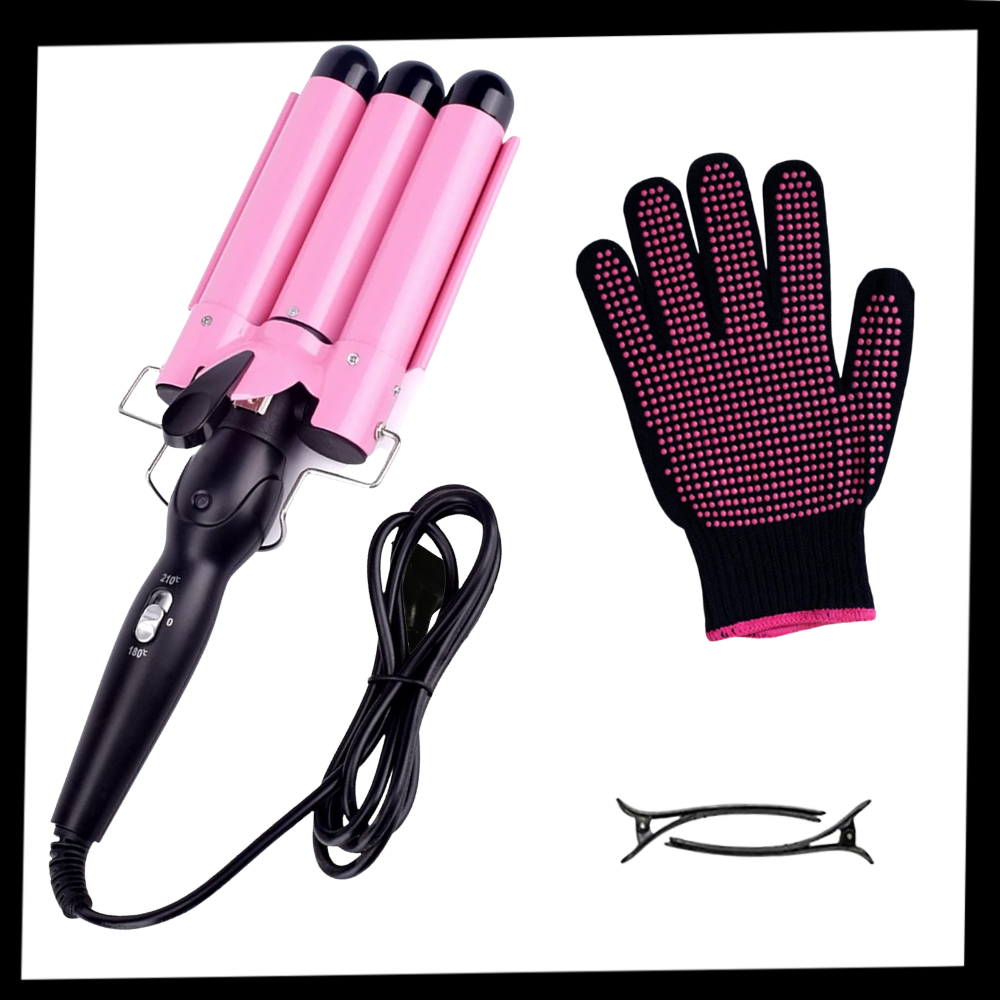 Fer à boucler Merzam en céramique avec triple barillet rose, outil de soin des cheveux pour boucles définies et brillantes.