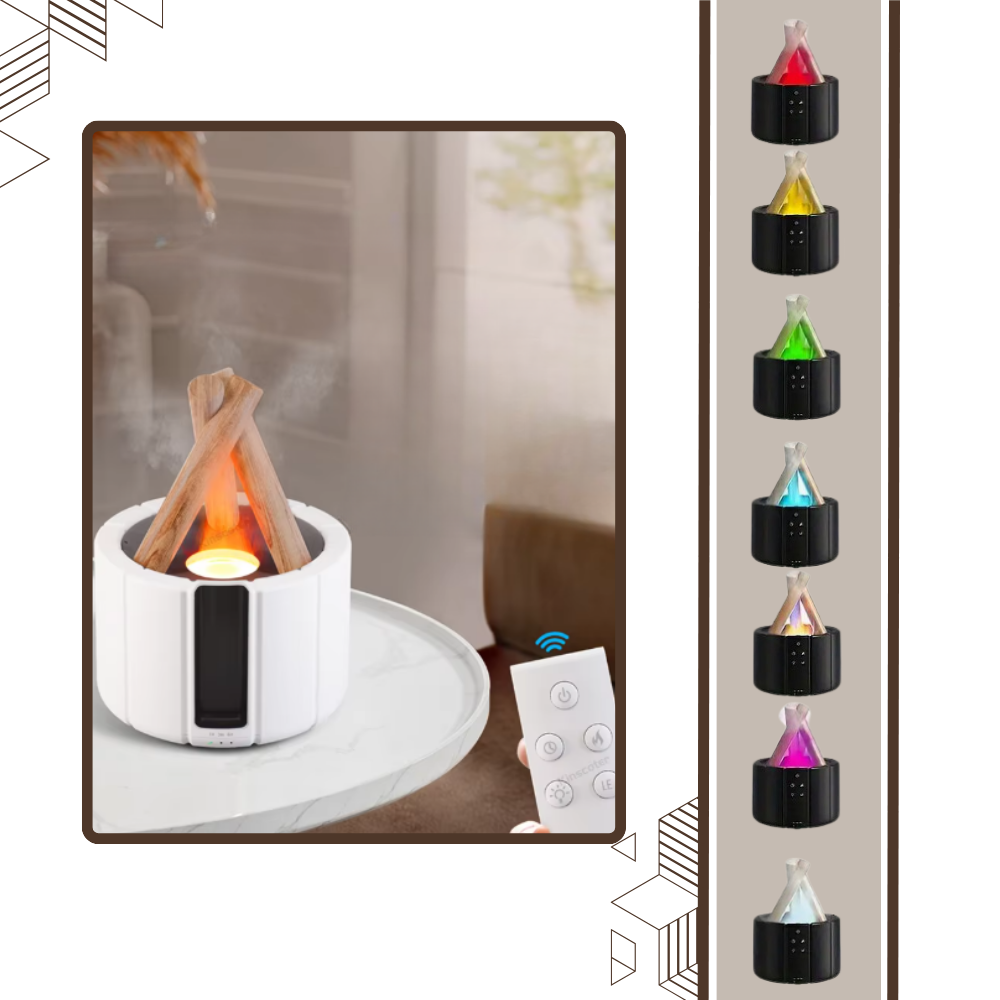 Difusor terapêutico Aoiroe para aromaterapia, com design de fogueira relaxante e ativador de ambientes com aromas naturais.