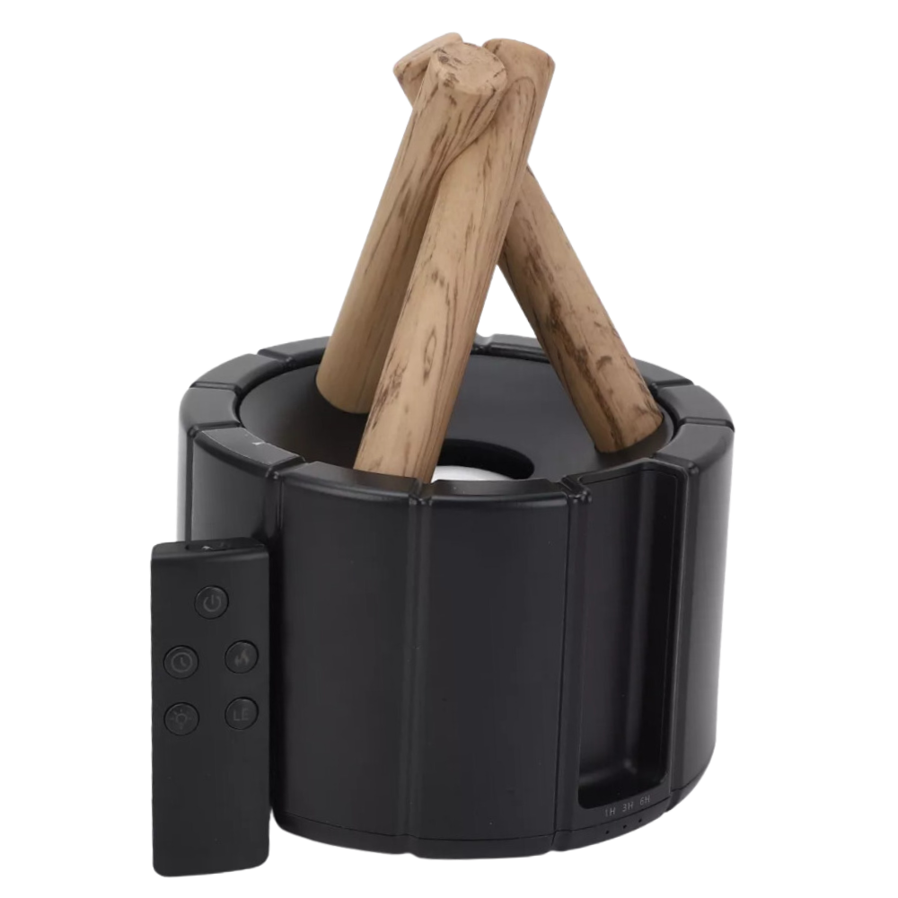 Difusor terapêutico Aoiroe de aquecimento e climatização, com design preto elegante e efeito de fogo de artifício.