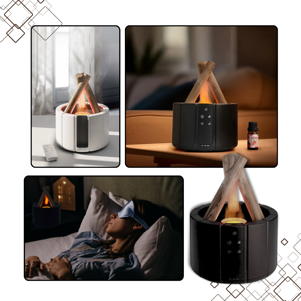 Difusor terapêutico Aoiroe para aromaterapia, com design aconchegante de fogueira, ideal para aquecimento e clima relaxante.