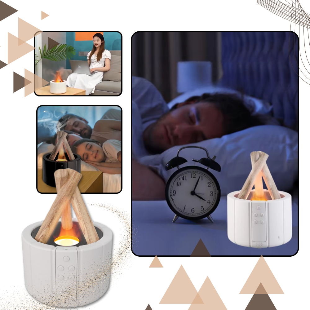Difusor terapêutico Aoiroe para aromaterapia, com design de lareira brilhante e elementos relaxantes.