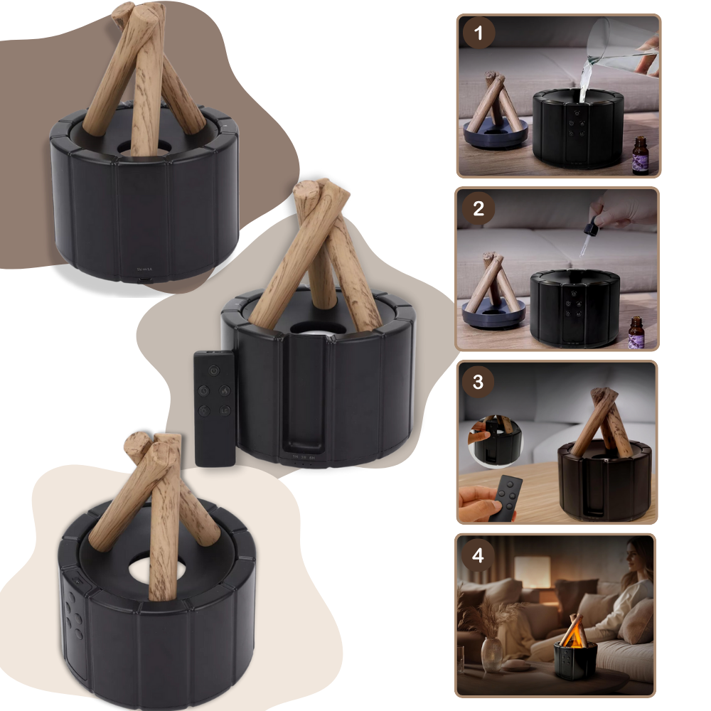Difusor terapêutico Aoiroe para aromaterapia, com design de fogueira, ideal para aquecimento e climatização aromática.