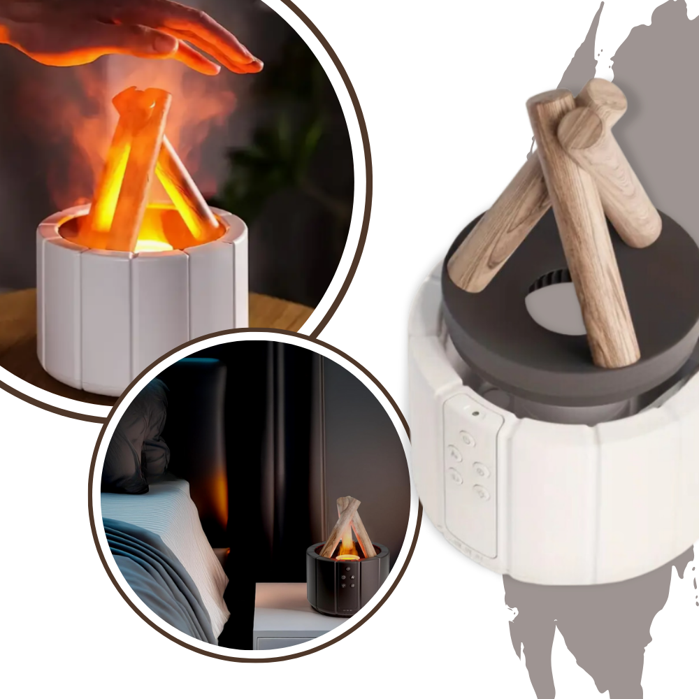 Difusor terapêutico Aoiroe para aromaterapia com design de lareira, ideal para relaxamento e clima tranquilo.