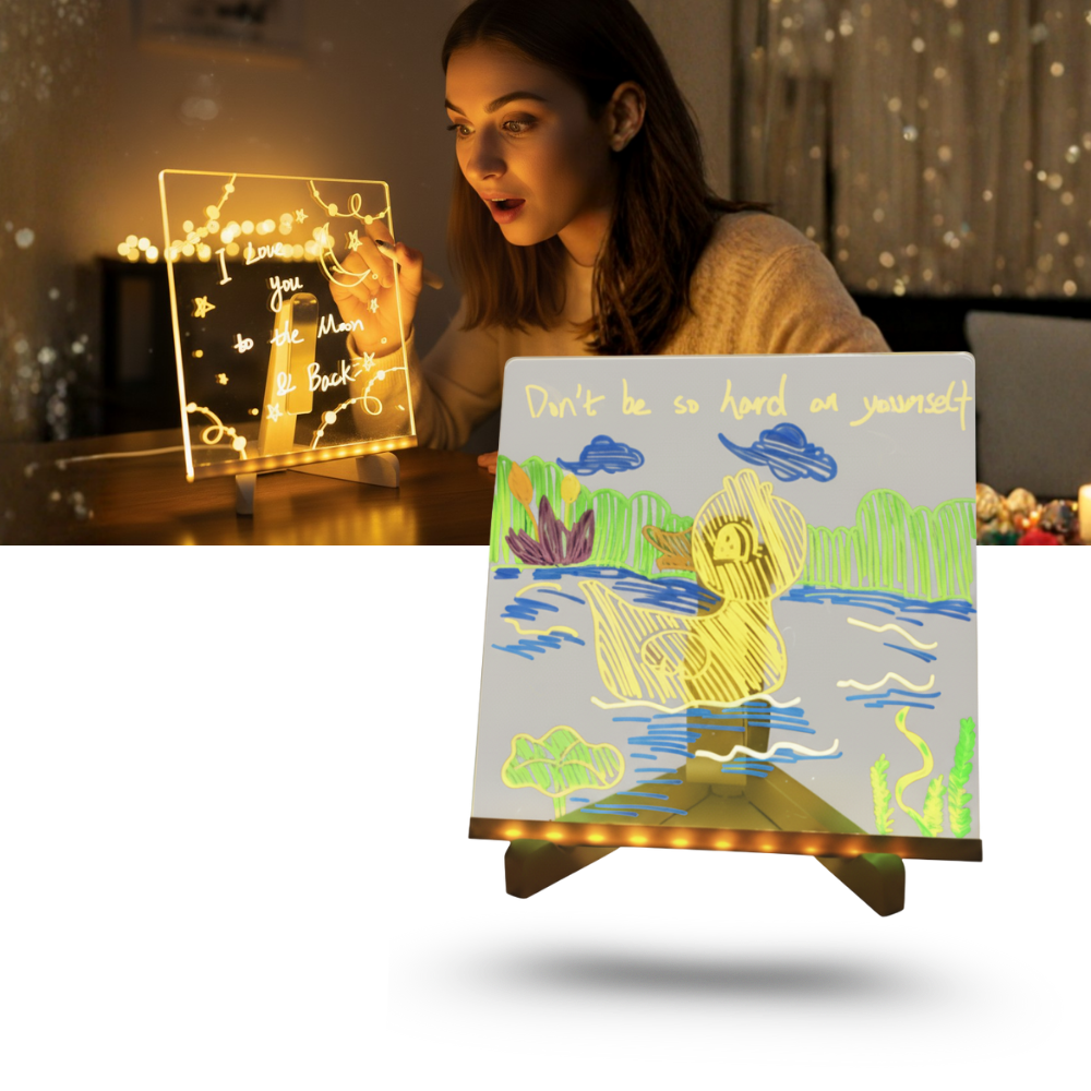 Quadro de escrita com LED da Rayne Mirrors, painel de notas luminoso e ambiente com luzes LED encantadoras.