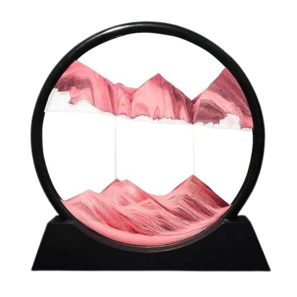 Relógio de areia artístico em movimento com areia preta e rosa, criado pela marca Aoderun, exibindo padrão dinâmico e hipnotizante.