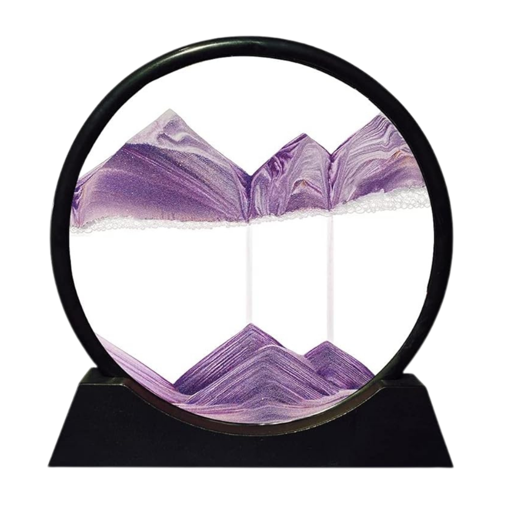 Sablier de arte com areia em movimento dinâmico, design preto e roxo, produzido pela marca Aoderun.