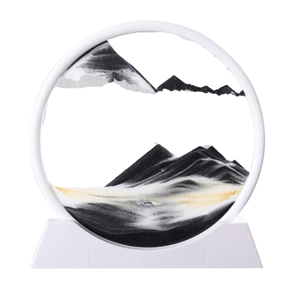 Imagem de um relógio de areia artístico em movimento, com areia branca e preta, da marca Aoderun, exibindo arte de areia dinâmica.