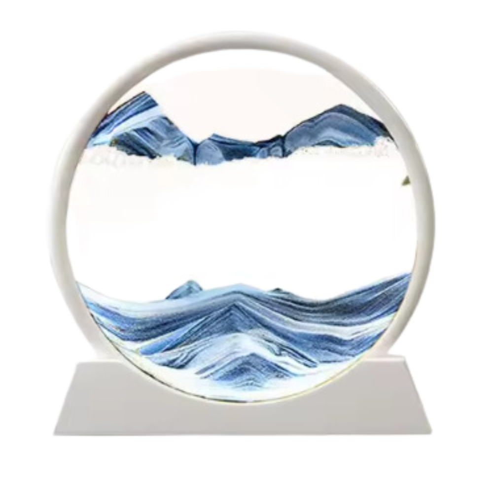 Imagem de um relógio de areia Aoderun com arte de areia em movimento dinâmico em tons branco e azul.