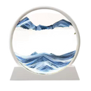 Imagem de um relógio de areia Aoderun com arte de areia em movimento dinâmico em tons branco e azul.