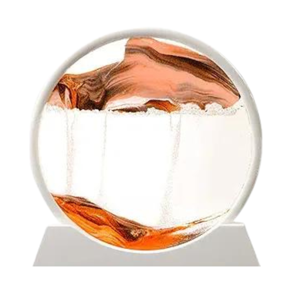 Imagem de um relógio de areia artístico em movimento com areia branca e laranja, criado pela marca Aoderun.