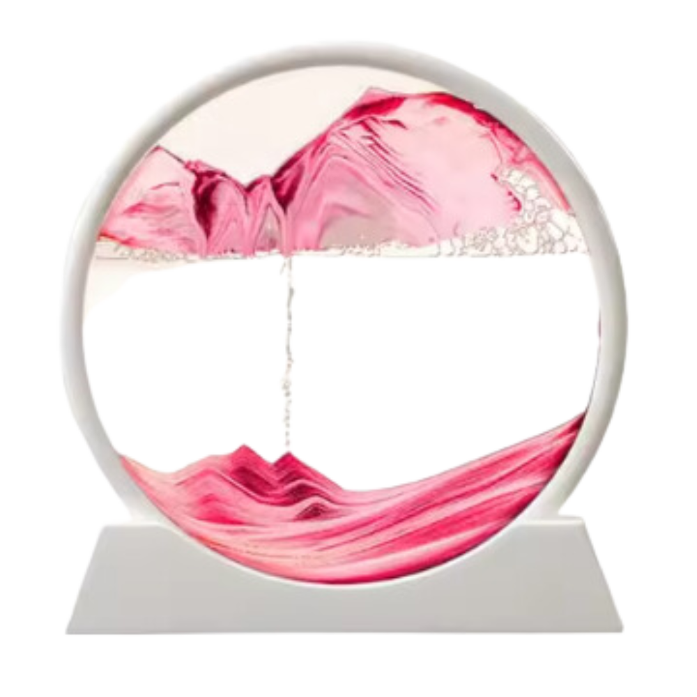 Imagem de um relógio de areia de arte com areia em movimento dinâmico, em tons brancos e rosas, da marca Aoderun.