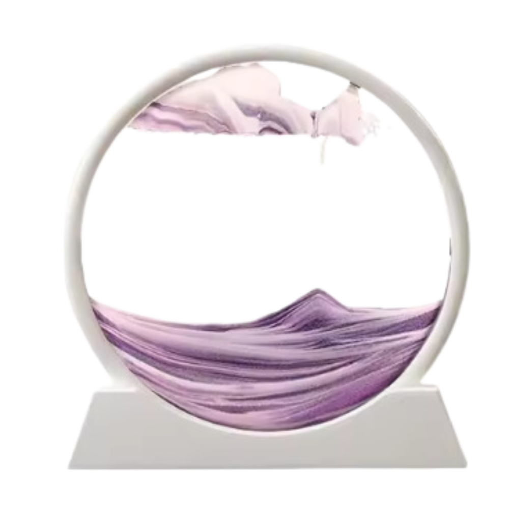 Relógio de areia artístico da Aoderun com areia em movimento dinâmico em tons branco e roxo, criando efeito visual hipnotizante.