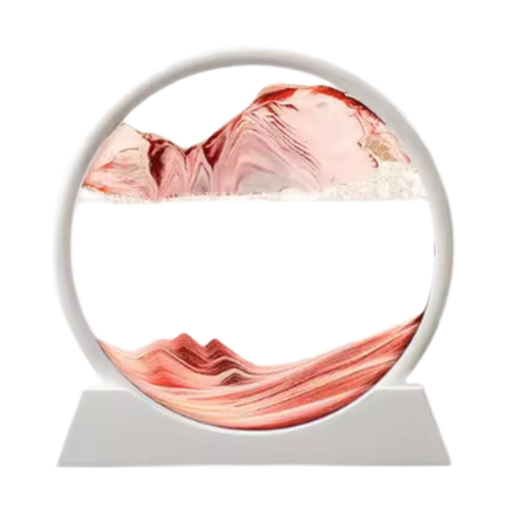 Imagem de um relógio de areia artístico em movimento dinâmico, com areia branca e vermelha, produzido pela Aoderun.