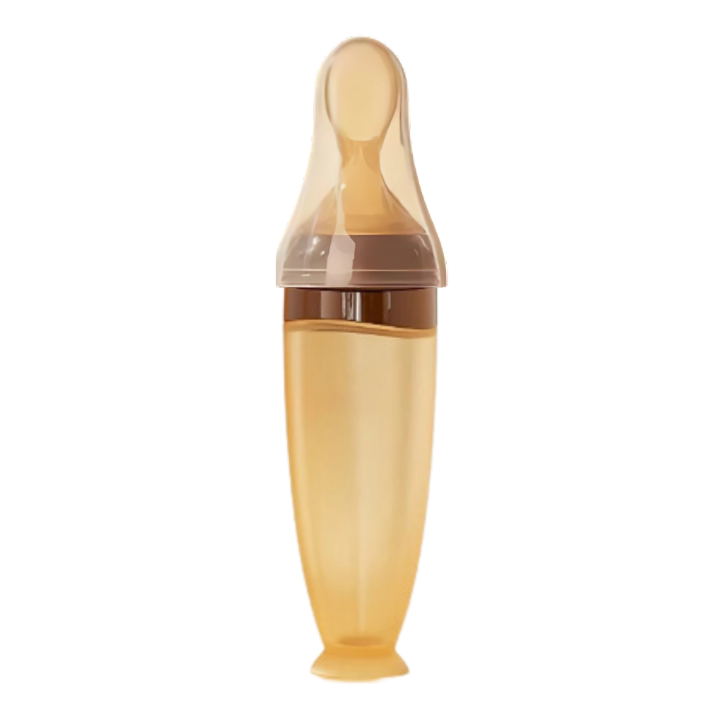 Biberons de silicone Hotwinter com colher anti-débordamento para alimentação sem sujeira, na cor marrom.