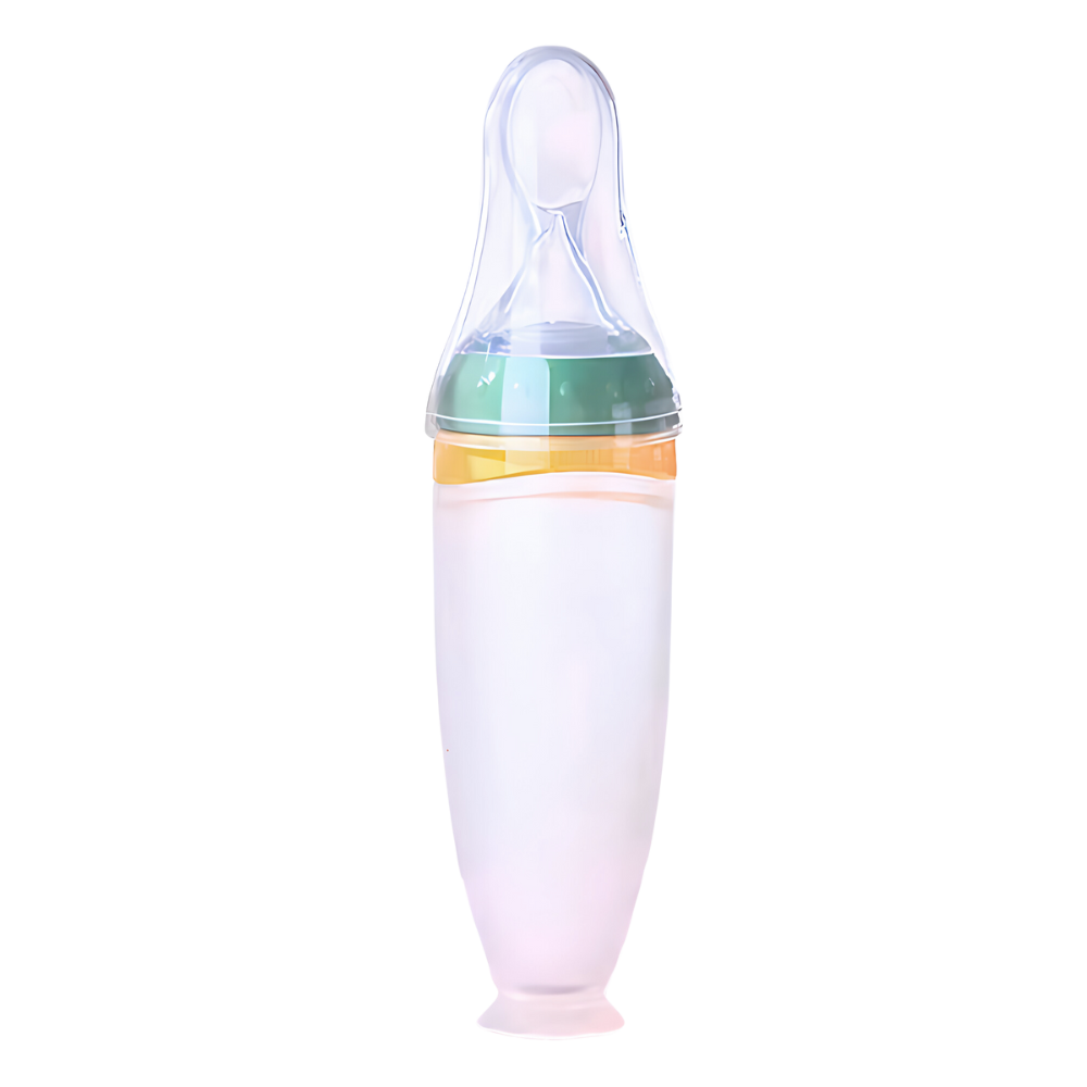 Biberons de silicone Hotwinter com colher anti-derramamento, verdes, design seguro para alimentação infantil sem bagunça.