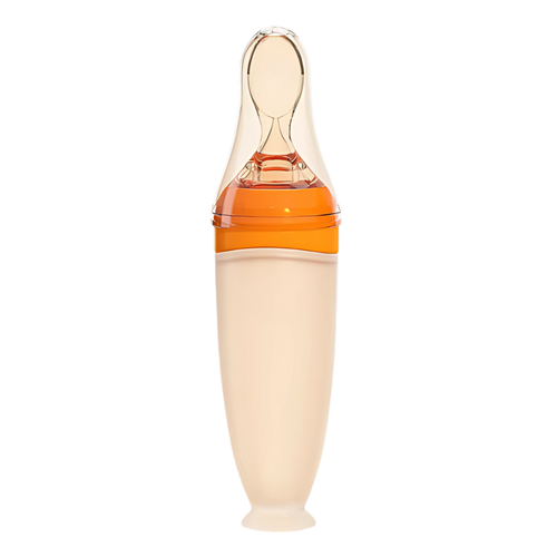 Biberons de silicone Hotwinter com colher anti-derramamento na cor laranja, ideal para alimentação sem sujeira.
