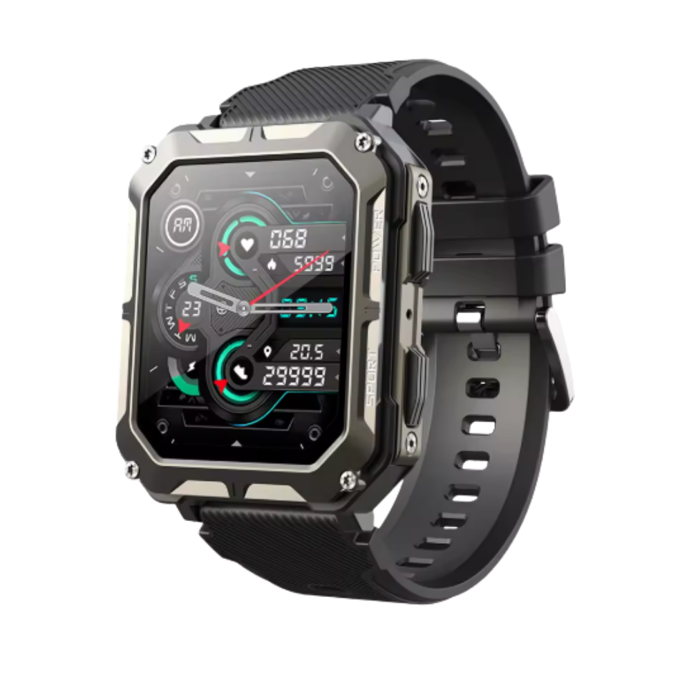 Relógio inteligente militar de saúde Meterk com pulseira preta e visor digital, adequado para atividades ao ar livre.