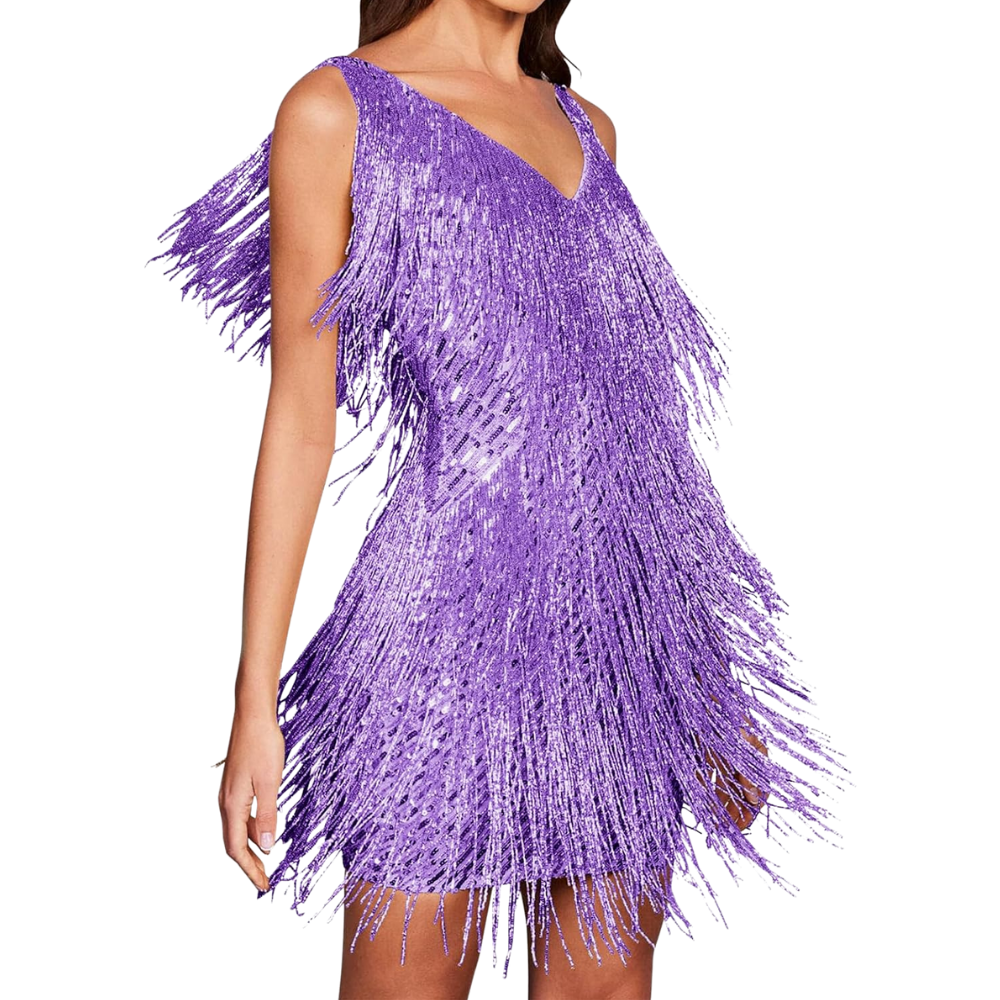 Robe cinza com decote V e detalhes de paetês, vestido da marca Mianht, para ocasiões elegantes.